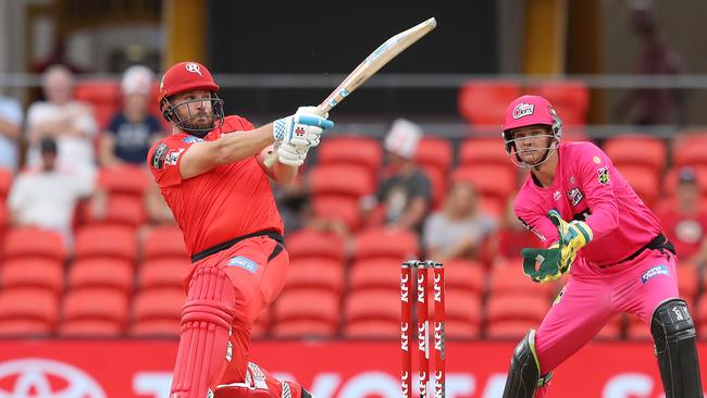 Renegades skipper Aaron Finch launches against the Sixers in Round 5.