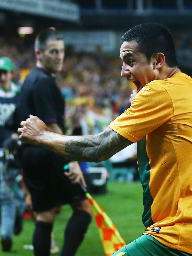 Cahill celebrates scoring the first goal in the friendly against Costa Rica in November 2013. Picture: Getty Images