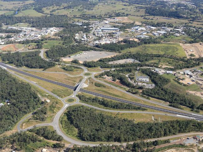 An aerial shot of the Flood Road interchange of the Gympie Bypass.