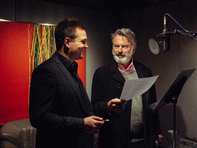 Ben Damon with Sam Neill narrating new feature documentary, Le Champion. Picture: Supplied/Ben Damon