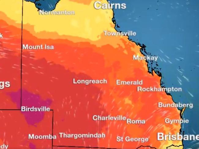 Queensland is set to be hit by a heatwave this week with temperatures in the high 30s and low 40s for parts of the southeast and central districts. Picture: Bureau of Meteorology