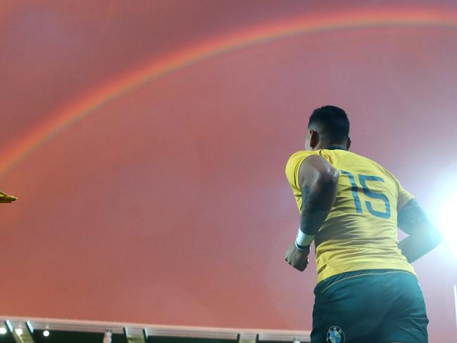 FILE: Israel Folau sacked by Rugby Australia for Homphobic tweet PERTH, AUSTRALIA - SEPTEMBER 09: Israel Folau of the Wallabies runs onto the field during The Rugby Championship match between the Australian Wallabies and the South Africa Springboks at nib Stadium on September 9, 2017 in Perth, Australia.  (Photo by Cameron Spencer/Getty Images)