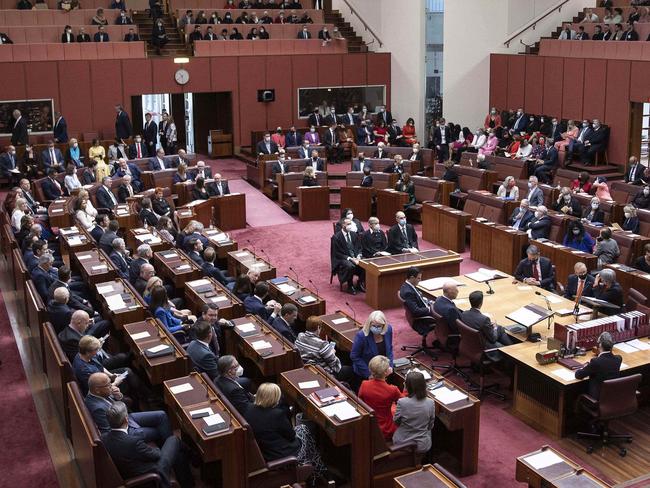 CANBERRA, AUSTRALIA - NewsWire Photos JULY 26th, 2022: Prime Minister Anthony Albanese with Peter Dutton and all MPÃ¢â¬â¢s in the Senate chamber for the opening of the 47th Parliament at Parliament House in Canberra. Picture: NCA NewsWire / Gary Ramage