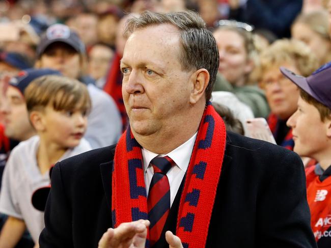 MELBOURNE, AUSTRALIA - AUGUST 26: Demons president Glen Bartlett celebrates the club making the finals during the 2018 AFL round 23 match between the Melbourne Demons and the GWS Giants at The Melbourne Cricket Ground on August 26, 2018 in Melbourne, Australia. (Photo by Adam Trafford/AFL Media)