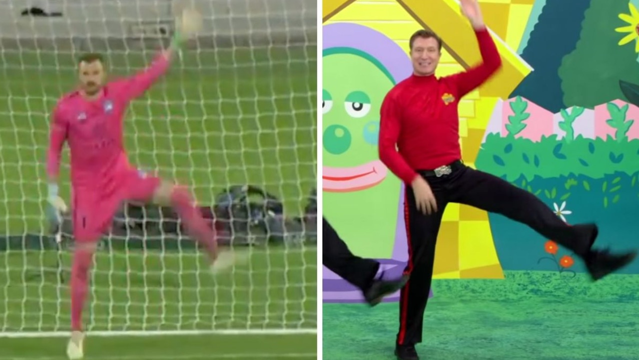 An iconic Wiggles dance has proven once again to be the secret weapon of Andrew Redmayne, whose Wiggly jig has helped secure the Socceroos’ place at the World Cup finals. Picture: news.com.au