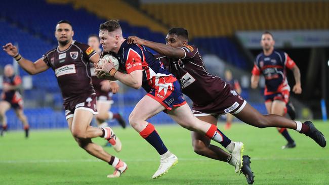 17th October 2020, Runaway Bay Seagulls full back John Mackin scores the match winning try during the Gold Coast Rugby League A-Grade Grand Final against the Burleigh Bears played at CBus Stadium Photo: Scott Powick Newscorp
