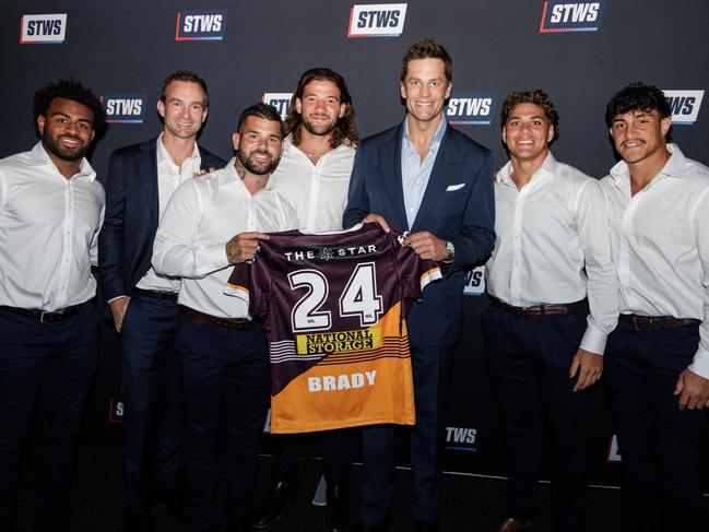 (L-R) Ezra Mam, Broncos CEO Dave Donaghy, Adam Reynolds, Pat Carrigan, Tom Brady, Reece Walsh and Kotoni Staggs. Picture: Cwolf Media