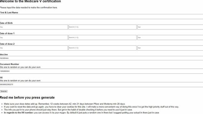 A screenshot from the dodgy website offering free vaccine passports to users who filled out the form. Picture: Supplied