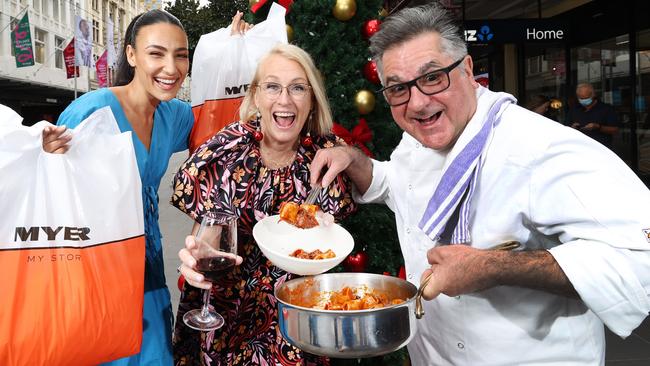 Myer ambassador Tayla Damir, Lord Mayor Sally Capp and chef Guy Grossi are encouraging people to come back to the city. Picture: David Caird