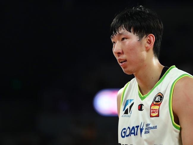 MELBOURNE, AUSTRALIA - DECEMBER 12: Zhou Qi of the Phoenix looks on during the round two NBL match between Melbourne United and South East Melbourne Phoenix at John Cain Arena on December 12, 2021, in Melbourne, Australia. (Photo by Kelly Defina/Getty Images)