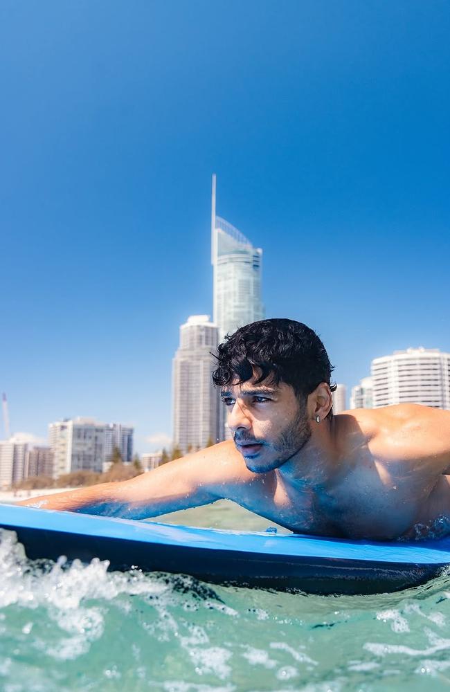 Bollywood star and Indian influencer Ishaan Khatter enjoying a learn to surf experience on the Gold Coast. Picture: Instagram