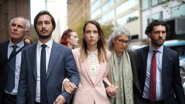 Hannah Quinn (centre) arriving with her family at the Supreme Court in Sydney ahead of her sentencing on Friday. Picture: Christian Gilles