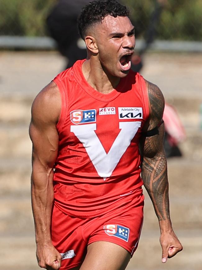 North Adelaide's Frank Szekely celebrates a goal against Central District at Prospect Oval in Round 3. Picture: David Mariuz/SANFL
