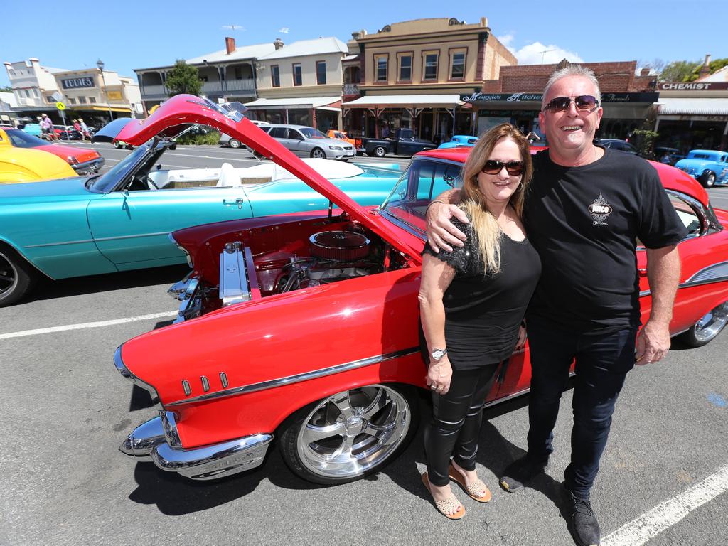 The annual Queenscliff Rod Run may have been called off this weekend, but rev heads still flocked to the town for an "unofficial" meet. Rose and Don Colombini with their '57 Chey Belair. Picture: Mike Dugdale