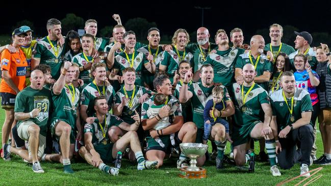 Maroochydore Swans celebrate their 2022 grand final victory. Picture: Nicola Anne Photography