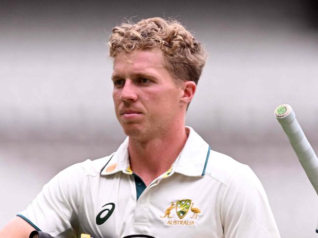 Australian batsmen Nathan McSweeney (L) and Sam Konstas (R) walk off at tea on the third day of the Australia A against India A cricket match at the Melbourne Cricket Ground (MCG) in Melbourne on November 9, 2024. (Photo by William WEST / AFP) / --IMAGE RESTRICTED TO EDITORIAL USE - STRICTLY NO COMMERCIAL USE--