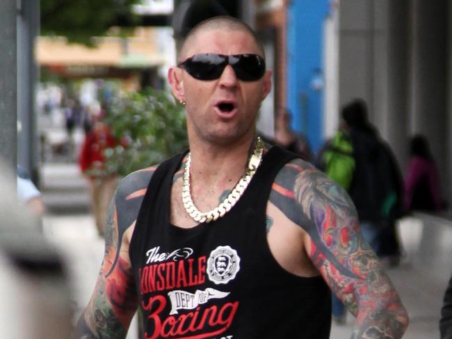 NO BYLINE PLEASE. Former Finks bikie gang member Mark Sandery, father of child who was shot in Semaphore. Various Finks motorcycle gang members at the Magistrates Court.