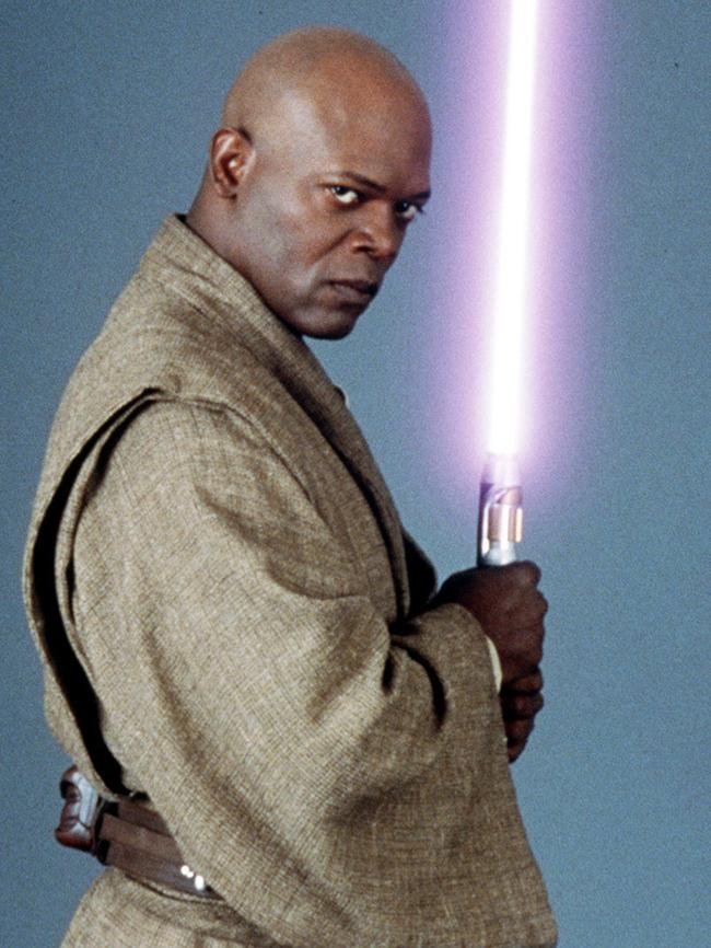 Actor Samuel L. Jackson in character as Jedi Master Mace Windu.