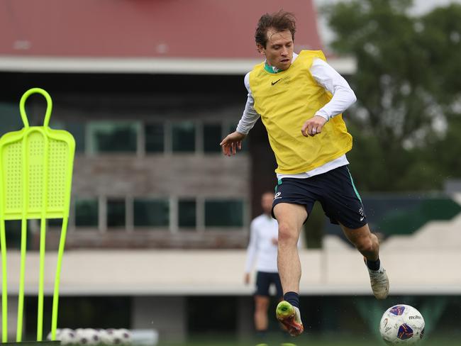 MELBOURNE, AUSTRALIA - NOVEMBER 12: Craig Goodwin of the Socceroos controls the ball during a Socceroos training session at Lakeside Stadium on November 12, 2024 in Melbourne, Australia. (Photo by Robert Cianflone/Getty Images)