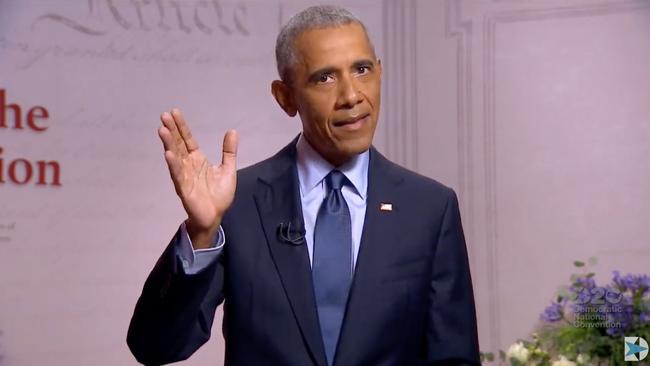 ‘I did hope, for the sake of our country, that Donald Trump might show some interest in taking the job seriously’: Barack Obama addresses the convention. Picture: AFP