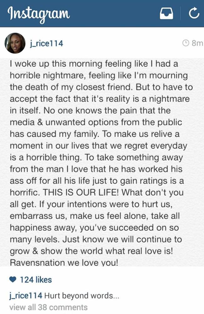 Breaks silence ... Janay Rice's post on her Instagram account in defence of her husband NFL running back Ray Rice.