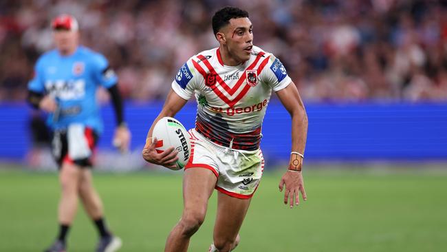 SYDNEY, AUSTRALIA - APRIL 25: Tyrell Sloan of the Dragons runs the ball during the round eight NRL match between Sydney Roosters and St George Illawarra Dragons at Allianz Stadium on April 25, 2023 in Sydney, Australia. (Photo by Mark Kolbe/Getty Images)