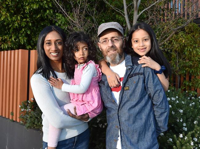 Sean McBride and his wife Jaya and two daughters Kara, 7 and Meera, 3, are about to list their penthouse style home at 307/19 Hall St, Cheltenham to move closer to family. He said he "can't fault" the family-friendly area, thanks to it's parks and beaches nearby that they enjoyed especially during lockdown. Picture : Nicki Connolly