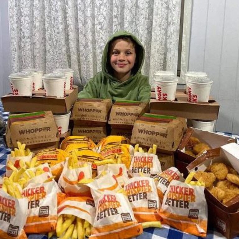 Jeni recently took a night off cooking treating the family to takeaway for her son’s 10th birthday – $131 worth of Hungry Jack’s. Picture: Instagram/thebonellfamily