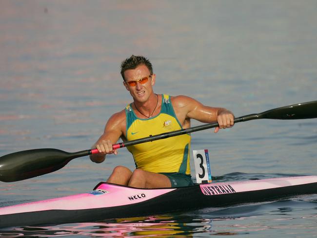 ATHENS - AUGUST 27:  Nathan Baggaley of Australia competes during the men's K-1 class 1,000 metre final on August 27, 2004 during the Athens 2004 Summer Olympic Games at the Schinias Olympic Rowing and Canoeing Centre in Athens, Greece. (Photo by Stuart Franklin/Getty Images)