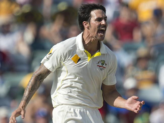 Australian bowler Mitchell Johnson reacts during play on day 4 of the 3rd Ashes test match between Australia and England at the WACA in Perth, Monday, Dec. 16, 2013. (AAPImage/Dave Hunt) NO ARCHIVING, EDITORIAL USE ONLY, IMAGES TO BE USED FOR NEWS REPORTING PURPOSES ONLY, NO COMMERCIAL USE WHATSOEVER, NO USE IN BOOKS WITHOUT PRIOR WRITTEN CONSENT FROM AAP