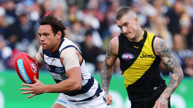 Steven Motlop, playing for Geelong, leaves Richmond's Dustin Martin in his wake. Picture: Michael Klein