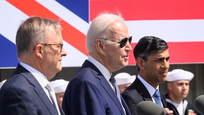 AUKUS partners Prime Minister Anthony Albanese, US President Joe Biden and British Prime Minister Rishi Sunak.