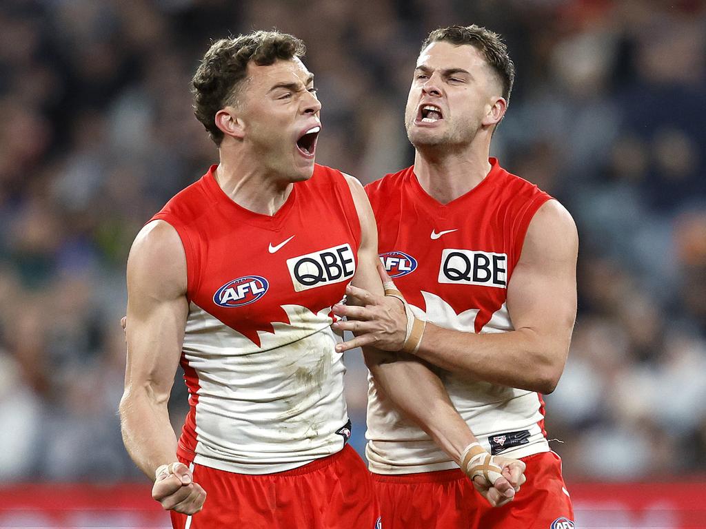 Hayward celebrates a goal against Carlton in the 2023 elimination final. Picture: Phil Hillyard