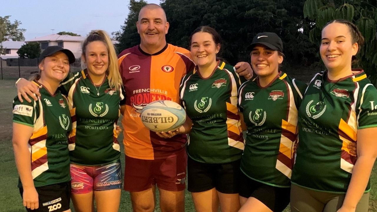 Frenchville A-grade men's coach Steve Anderson with women's players (from left) Tylah Phillips, Jess Allen, Amber Shephard,Tay Steere and Whaiora Rakena.