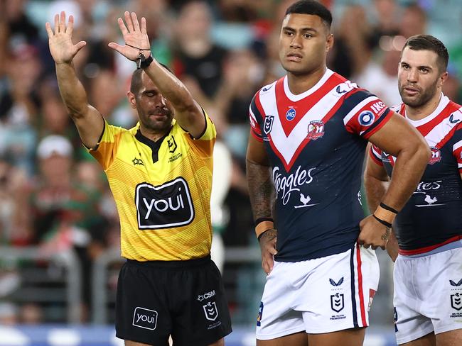 SYDNEY, AUSTRALIA - MARCH 26:  Daniel Suluka-Fifita of the Roosters is sent to the sin-bin by referee Ashley Klein during the round three NRL match between the South Sydney Rabbitohs and the Sydney Roosters at Stadium Australia on March 26, 2021, in Sydney, Australia. (Photo by Cameron Spencer/Getty Images)