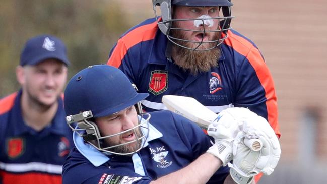 Jan Juc batter Nick Hyden swings to leg against Armstrong Creek. Picture: Mark Wilson