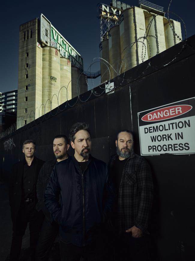 Shihad in Melbourne, March 2021. L-R: Phil Knight (guitar), Tom Larkin (drums), Jon Toogood (vocals/guitar) and Karl Kippenberger (bass). Picture: Kane Hibberd