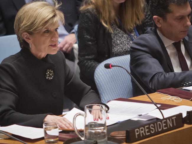 Australian Minister for Foreign Affairs Hon. Julie Bishop speaks during a meeting of the U.N. Security Council on terrorism, Wednesday, Nov. 19, 2014. (AP Photo/Bebeto Matthews)