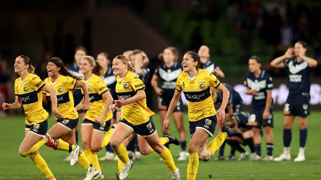 Central Coast Mariners celebrate after winning a penalty shoot out to win the A-League Women's Grand Final. Picture: Kelly Defina/Getty Images