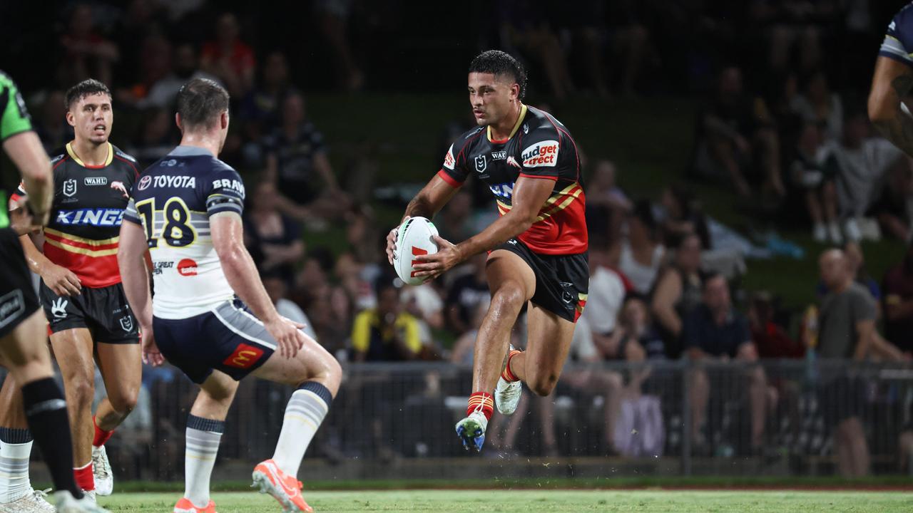 Zac Garton flies for the Dolphins in the National Rugby League (NRL) pre season NRL match between the North Queensland Cowboys and the Dolphins, held at Barlow Park. Picture: Brendan Radke