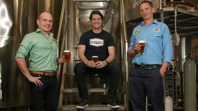 Gerard Connors, Jim O'Connor, (both directors) and Ian Watson, head brewer, at Fortitude Brewing Company. Photo: Regi Varghese