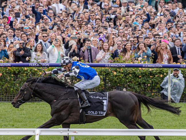 2022 Lexus Melbourne Cup at Flemington Racecourse, . GOLD TRIP (ridden by Mark Zahra) trained by Ciaron Maher & David Eustace wins the Melbourne Cup, with ??Emissary (3) ridden by P Moloney second and third High Emocean ridden by T Nugent/ Picture: Jason Edwards