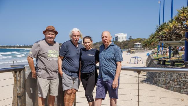 Mooloolaba Alliance and Beach Matters members Benny Pike, John Burke, Paula McGrath and Graeme Juniper at the spot where a sea wall is to be built starting in 2024, where a 200m section of Mooloolaba Beach will be closed during construction. Picture Lachie Millard