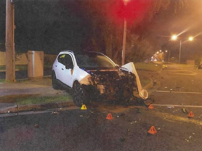 Crash scene photos after Mathew Dyer drove his silver SAAB through a red light at Ferntree Gully Rd and Cambden Park Parade, slamming into two cars, killing his passenger and mother of two Nicole Woollard on August 27, 2022.,