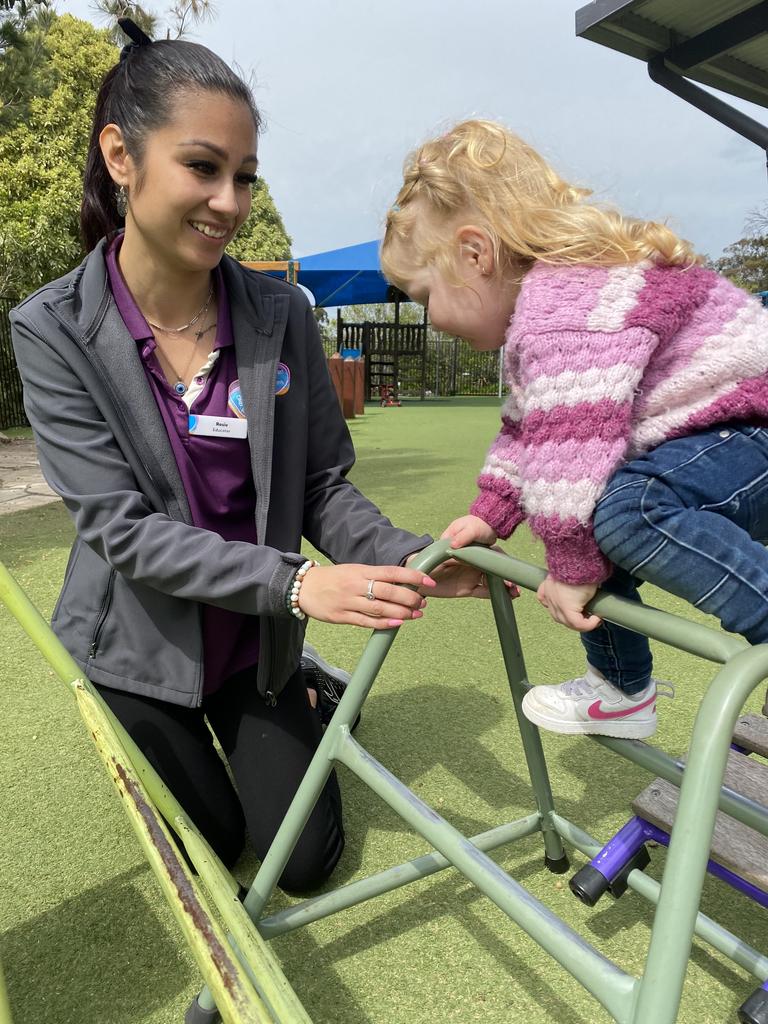 KindiCare Excellence Awards 2024 Tasmania winner Goodstart Early Learning Kings Meadows. Pictured is educator Rosie Grubisic with Lili O’Toole.