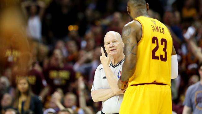 LeBron James of the Cleveland Cavaliers argues a call with referee Joey Crawford in the first quarter against the Golden State Warriors during Game Four of the 2015 NBA Finals.