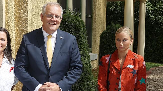 Grace Tame and Prime Minister Scott Morrison in an awkward encouter at the 2022 Australian of the Year Finalists Morning Tea, at The Lodge in Canberra. Picture: NCA NewsWire / Gary Ramage