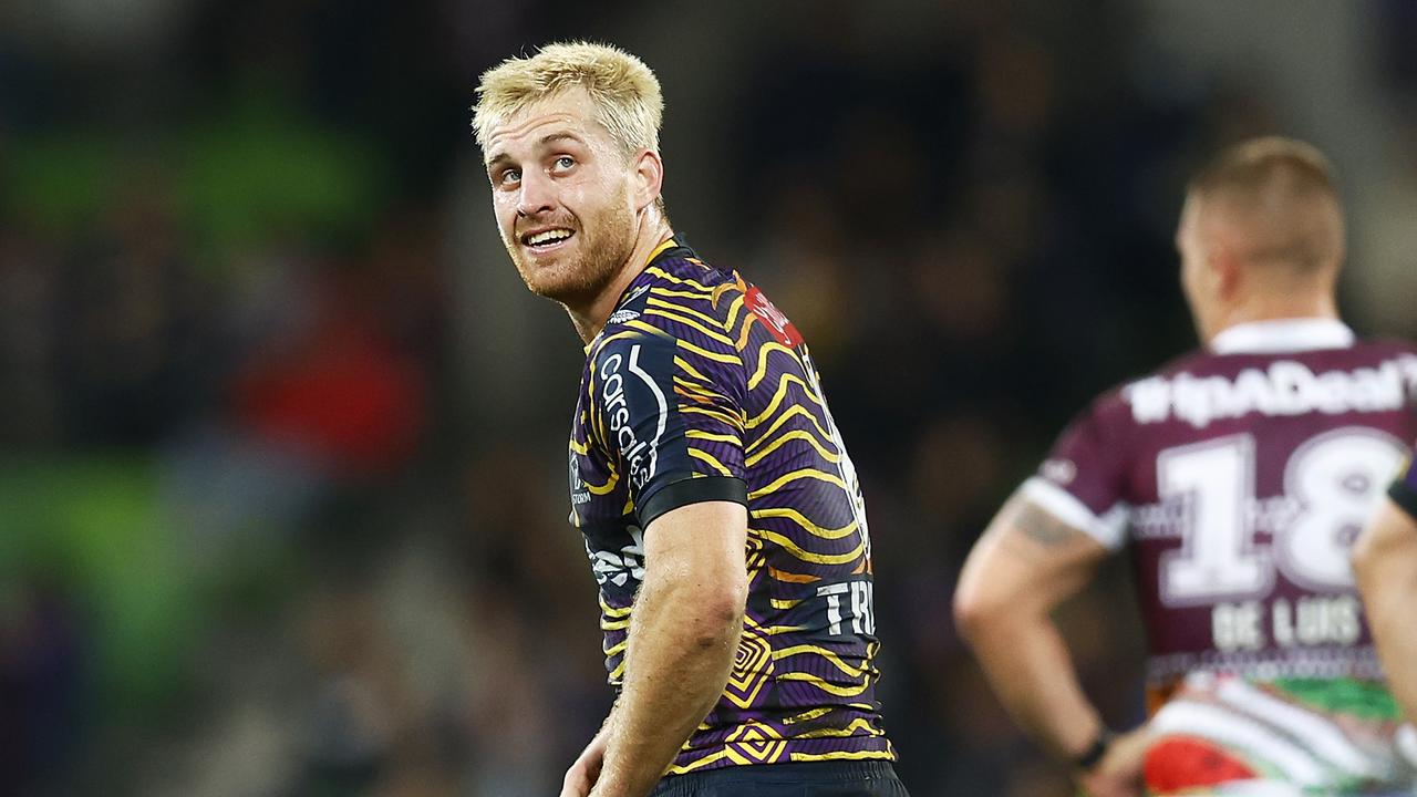 MELBOURNE, AUSTRALIA - MAY 26: Cameron Munster of the Storm reacts on the final siren after winning the round 12 NRL match between the Melbourne Storm and the Manly Sea Eagles at AAMI Park, on May 26, 2022, in Melbourne, Australia. (Photo by Daniel Pockett/Getty Images)