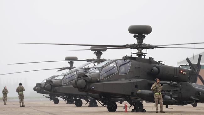 British Army Apache AH-64E attack helicopters at an air base in the UK. Picture: Getty Images