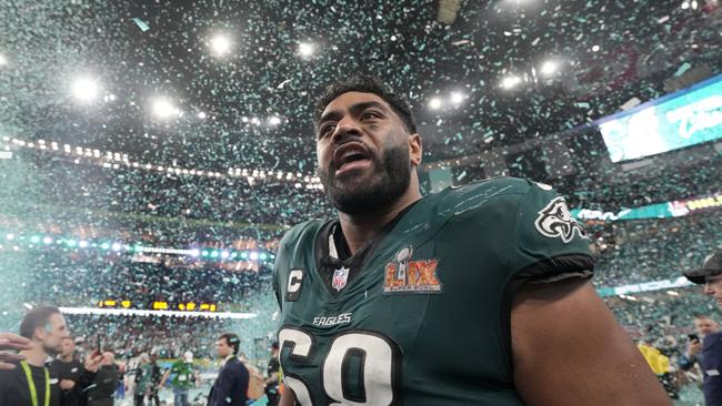 Jordan Mailata became the first Aussie to play in and win a Super Bowl. (AP Photo/Doug Benc)